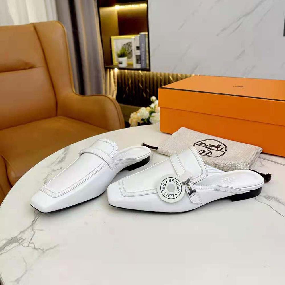 Hermes Women Groupie Mule in Goatskin with Miniature Palladium-Plated Paris Buckle-White - image 5
