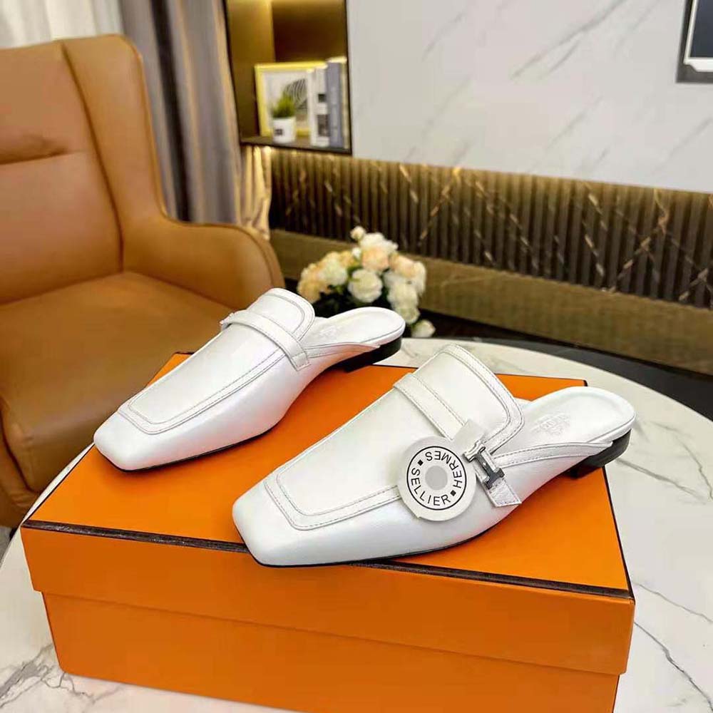 Hermes Women Groupie Mule in Goatskin with Miniature Palladium-Plated Paris Buckle-White - image 4