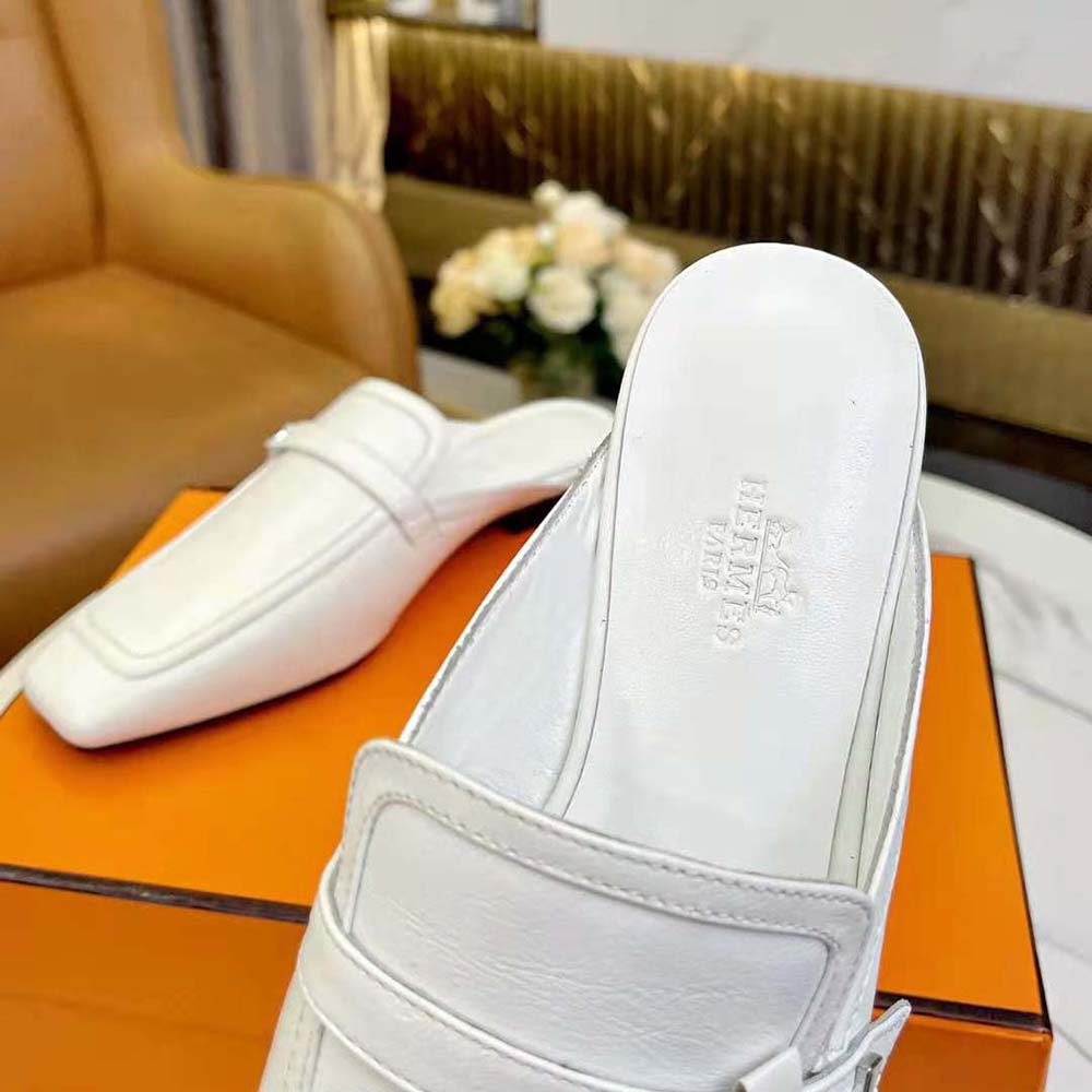 Hermes Women Groupie Mule in Goatskin with Miniature Palladium-Plated Paris Buckle-White - image 7