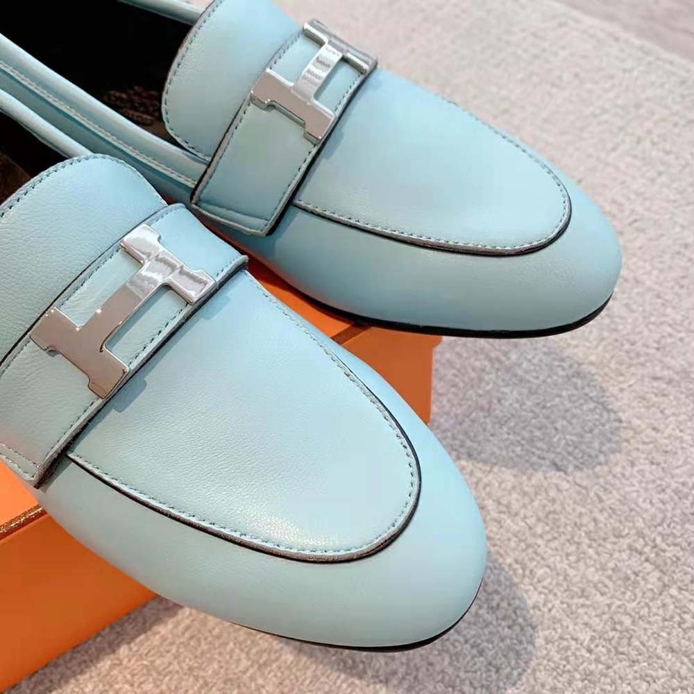 Hermes Women Paris Loafer in Calfskin with Palladium Plated Signature “H” Detail-Blue - image 7