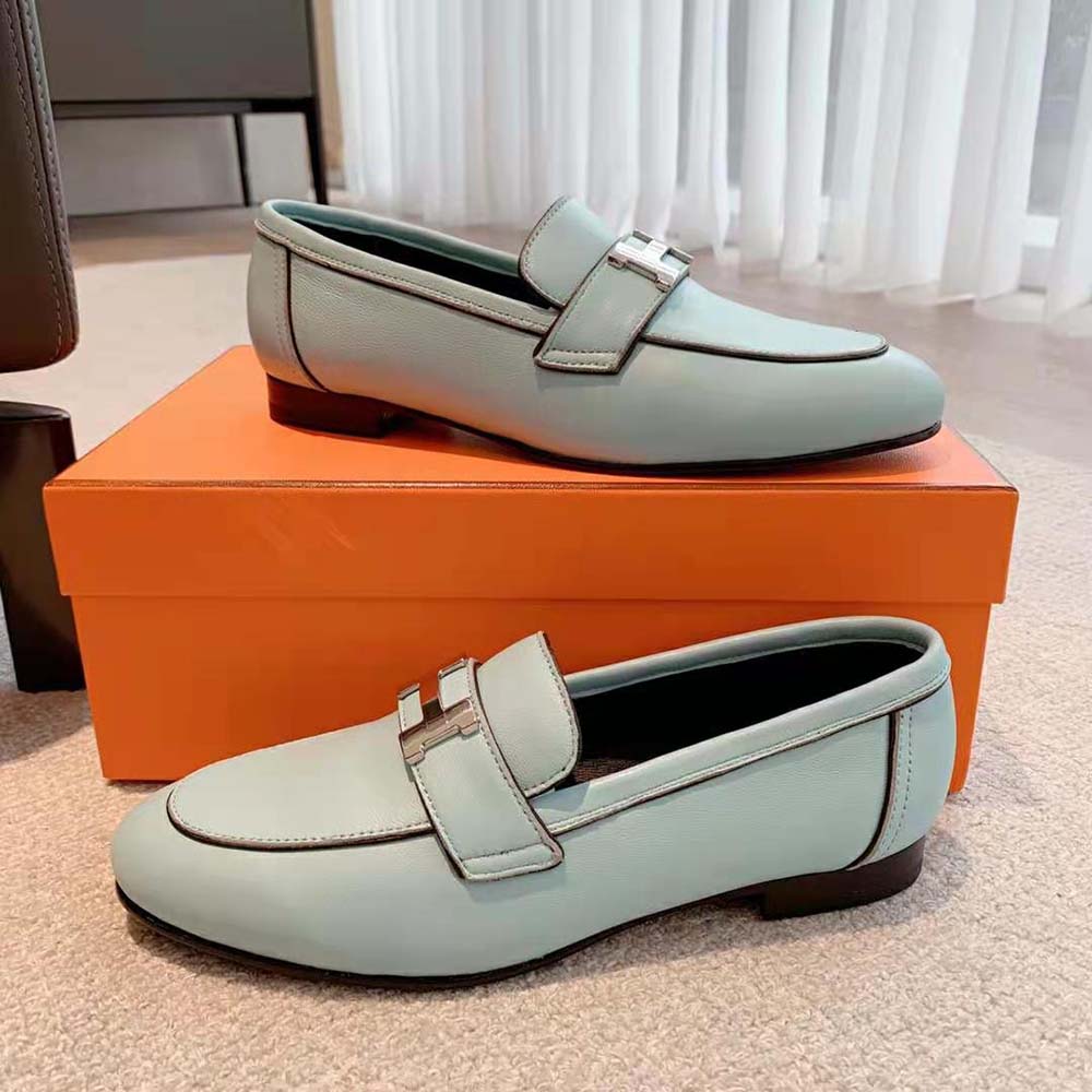 Hermes Women Paris Loafer in Calfskin with Palladium Plated Signature “H” Detail-Blue - image 5