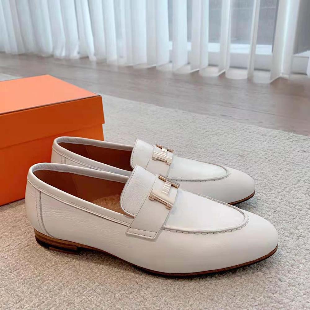 Hermes Women Paris Loafer in Calfskin with Palladium Plated Signature “H” Detail-White - image 4