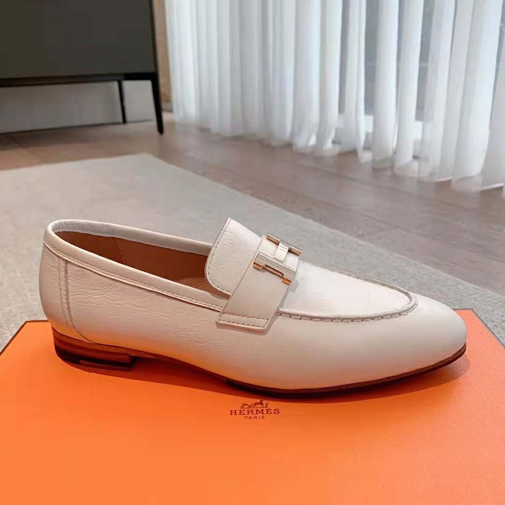 Hermes Women Paris Loafer in Calfskin with Palladium Plated Signature “H” Detail-White - image 6