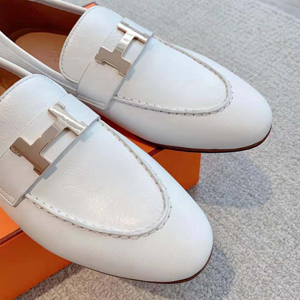 Hermes Women Paris Loafer in Calfskin with Palladium Plated Signature “H” Detail-White - image 7