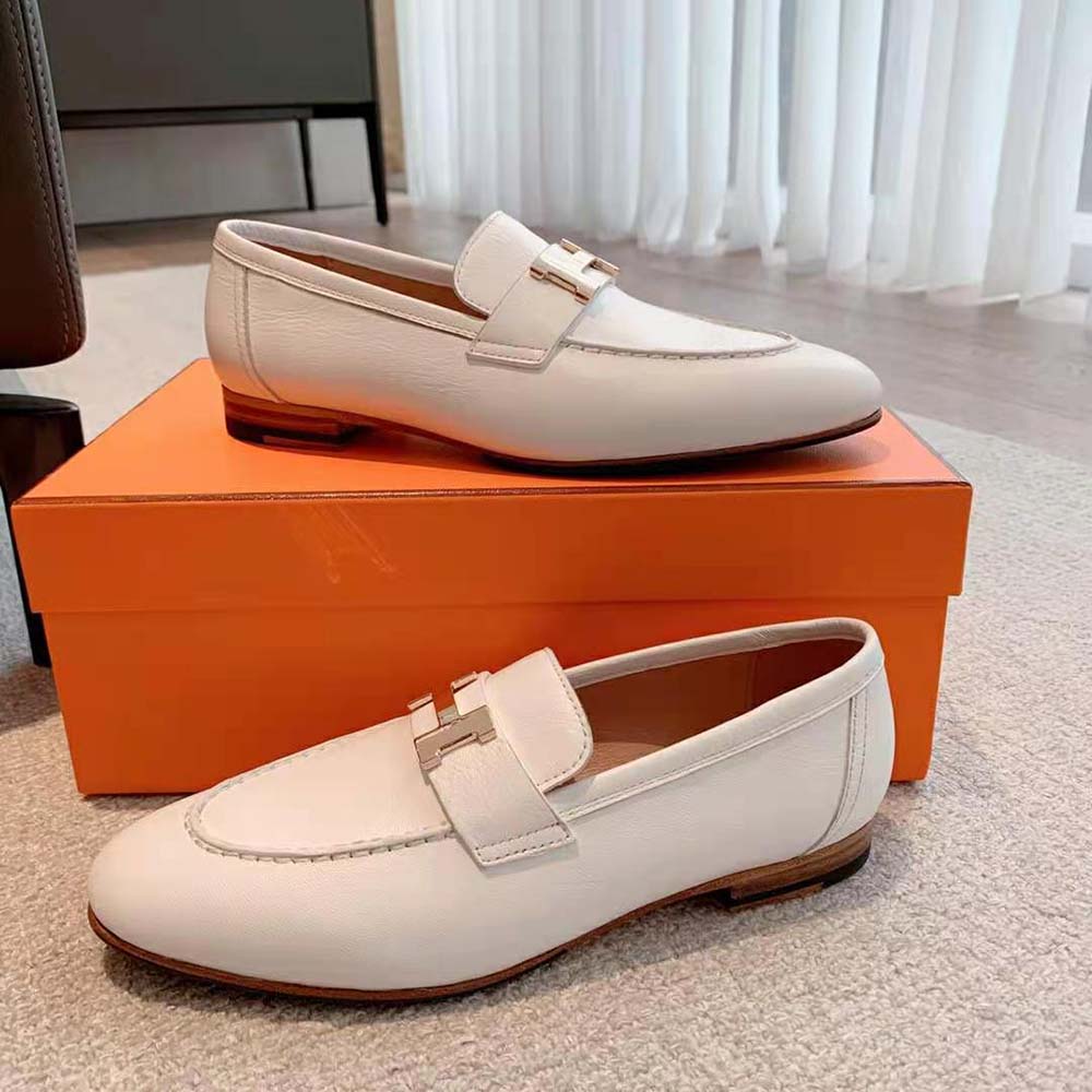 Hermes Women Paris Loafer in Calfskin with Palladium Plated Signature “H” Detail-White - image 5