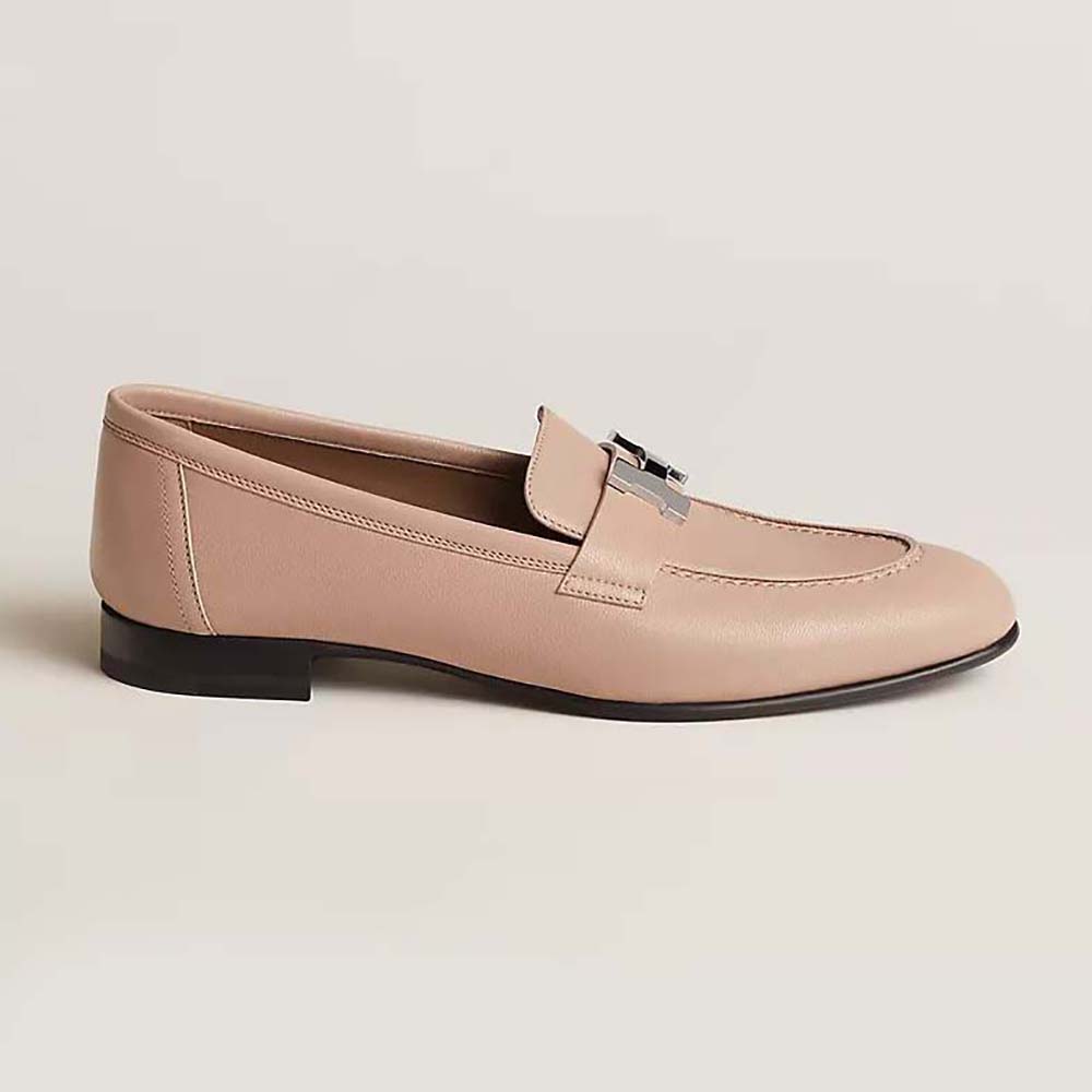 Side view of Hermes Women Paris Loafer in pink goatskin leather