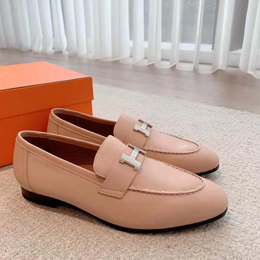 Hermes Women Paris Loafer in Goatskin with Palladium-Plated Signature “H” Detail-Pink - image 5