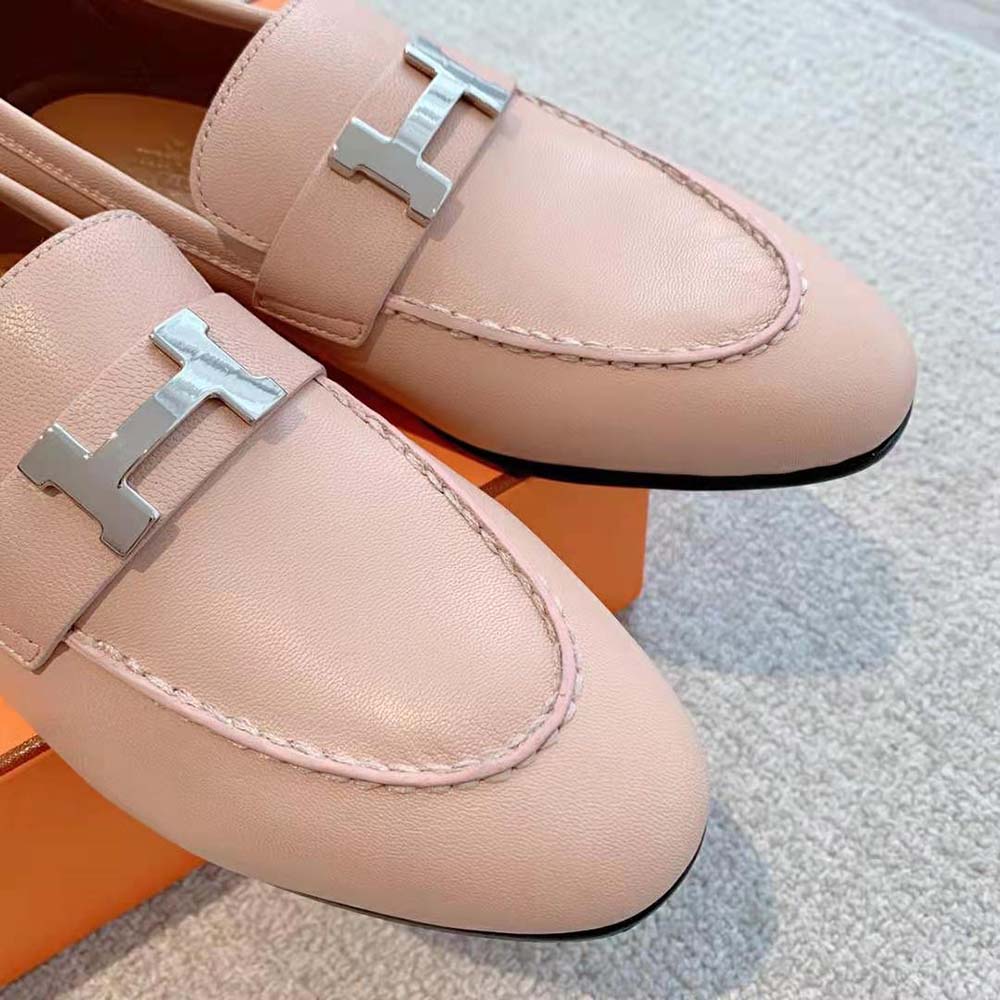Hermes Women Paris Loafer in Goatskin with Palladium-Plated Signature “H” Detail-Pink - image 8