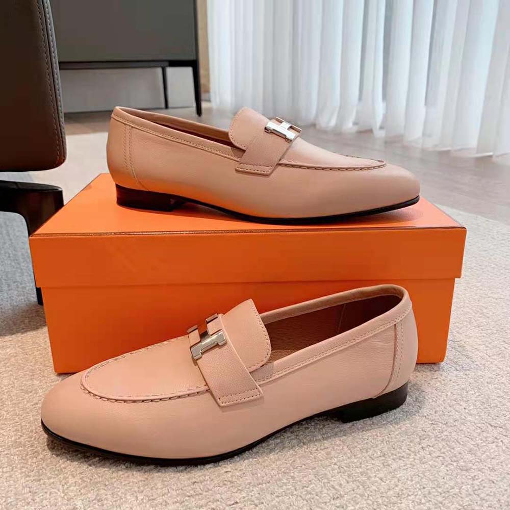 Hermes Women Paris Loafer in Goatskin with Palladium-Plated Signature “H” Detail-Pink - image 4