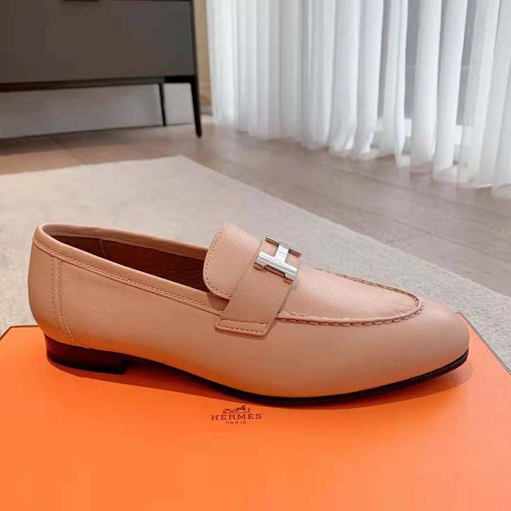 Hermes Women Paris Loafer in Goatskin with Palladium-Plated Signature “H” Detail-Pink - image 6