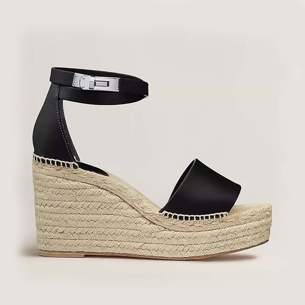 Side profile of Hermes Women Tipoli Espadrille in Black calfskin