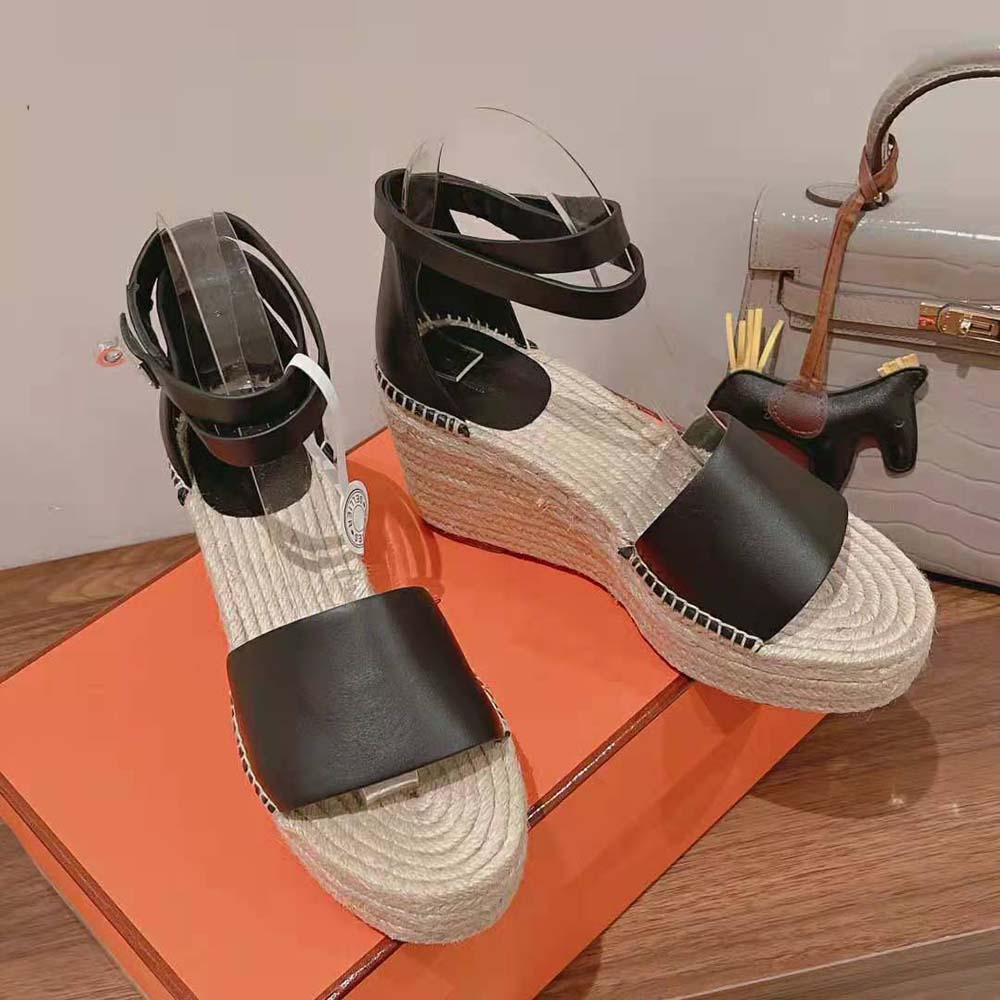 Hermes Women Tipoli Espadrille in Calfskin with Wrap-Around Ankle Strap-Black - image 4