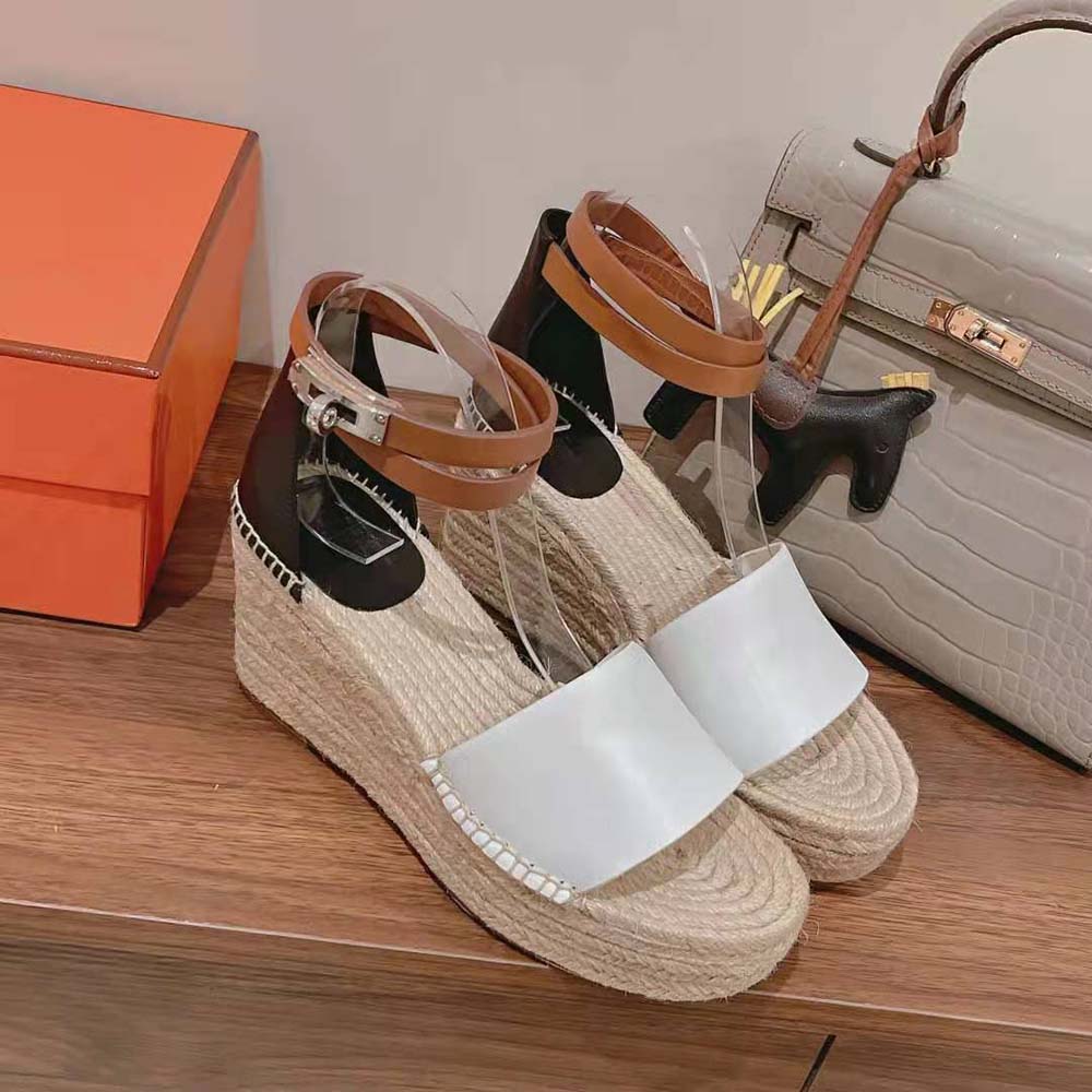 Top-down angle showing leather texture on Hermes Tipoli Espadrille