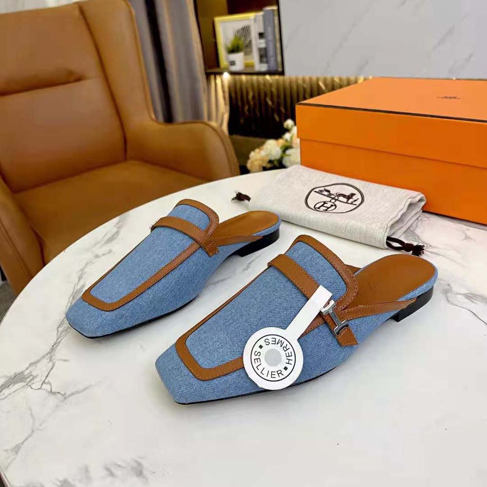 Hermes Women in H Canvas and Calfskin-Blue - image 4