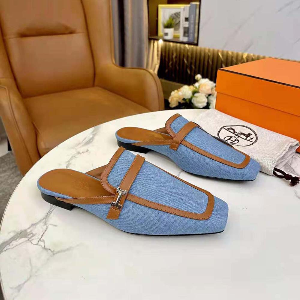 Top view highlighting blue canvas and calfskin mix on Hermes Women in H Canvas and Calfskin-Blue