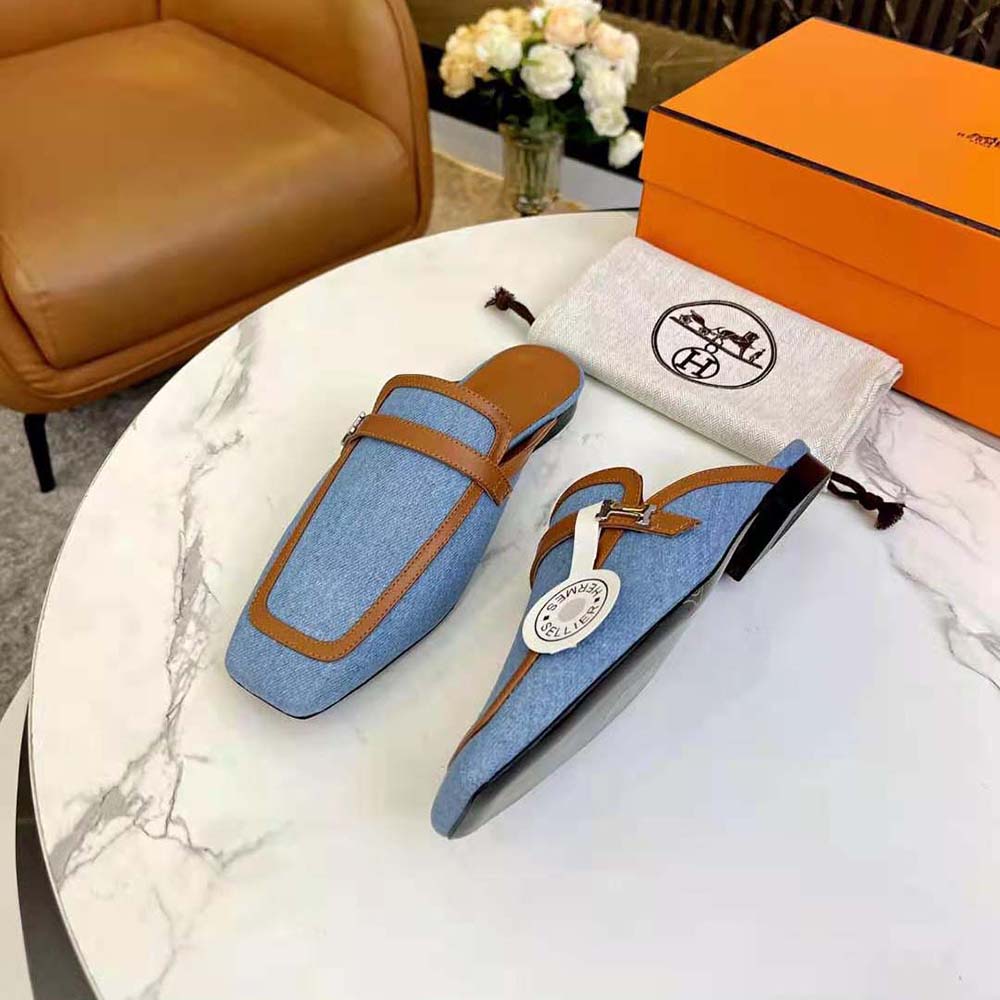 Hermes Women in H Canvas and Calfskin-Blue - image 6