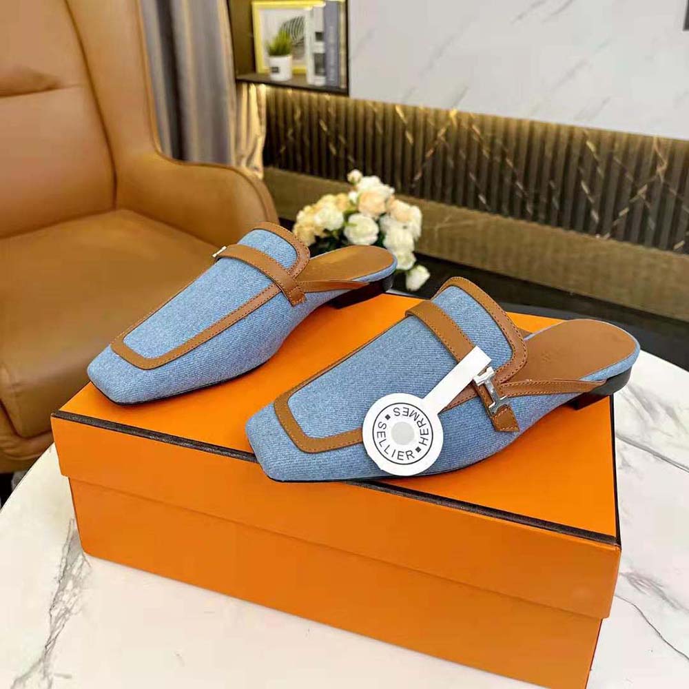 Hermes Women in H Canvas and Calfskin-Blue - image 5