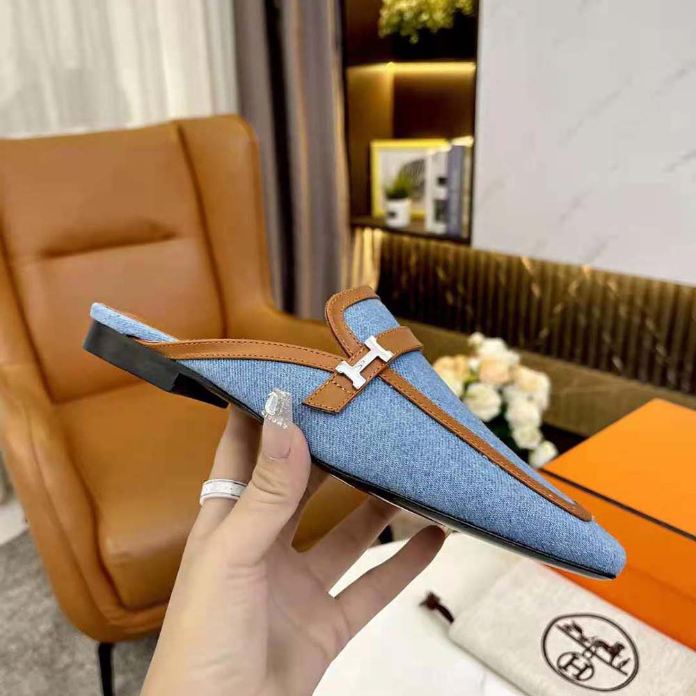 Hermes Women in H Canvas and Calfskin-Blue - image 7