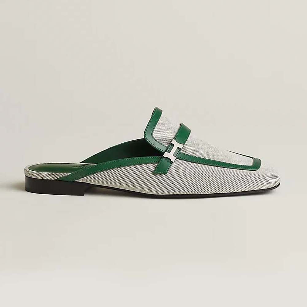Side view of Hermes Women in H Canvas and Calfskin-Green sandal
