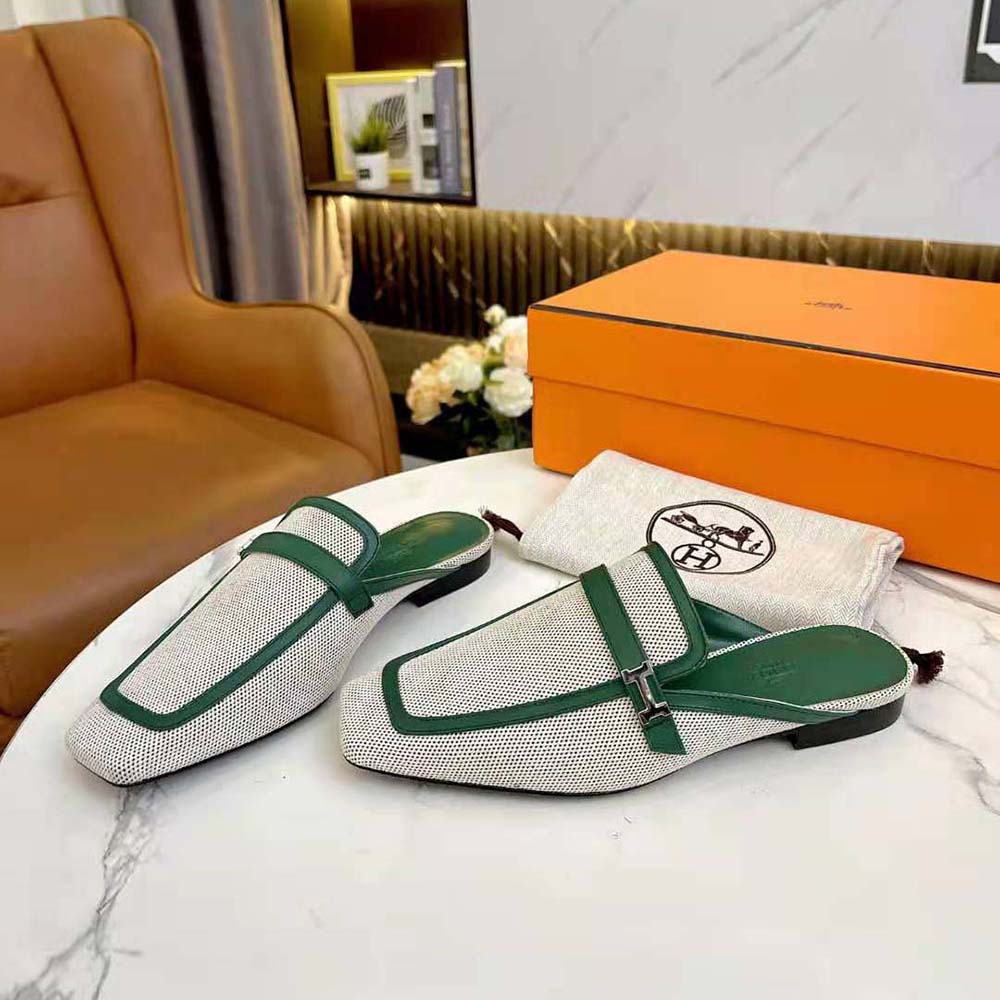 Hermes Women in H Canvas and Calfskin-Green - image 4
