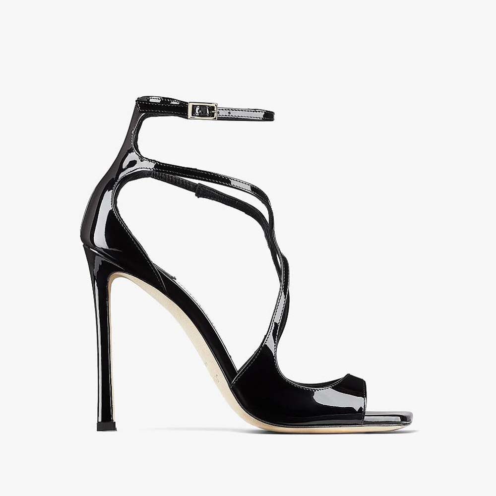 Side view of Jimmy Choo Women Azia 110 Black Patent Leather Sandals heel detail