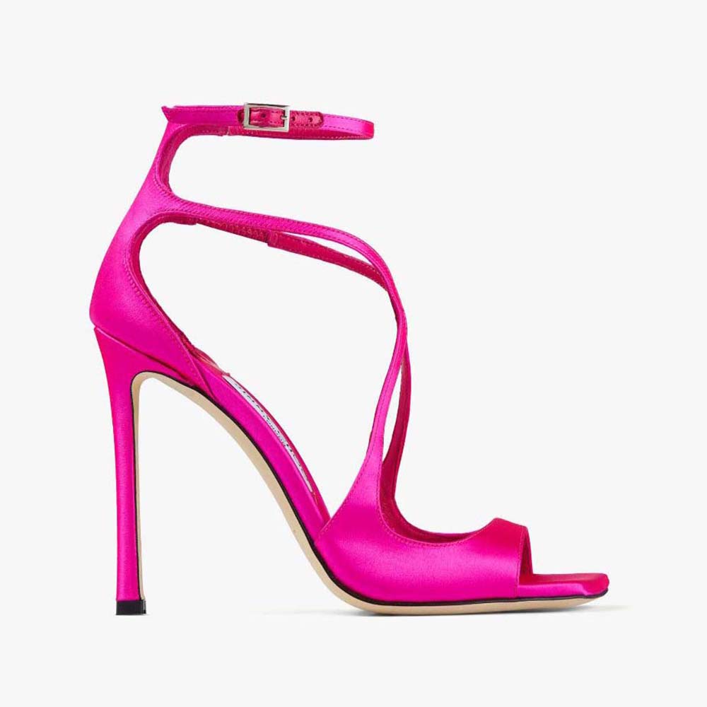 Front angle view of Jimmy Choo Women Azia 110 Fuchsia Satin Sandals