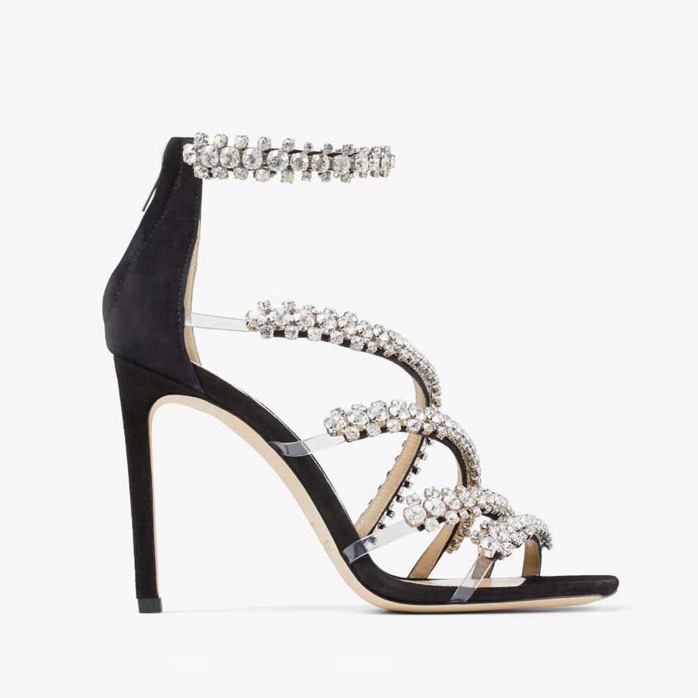 Front angle of Jimmy Choo Women Josefine 100 Black Suede Sandals with crystals
