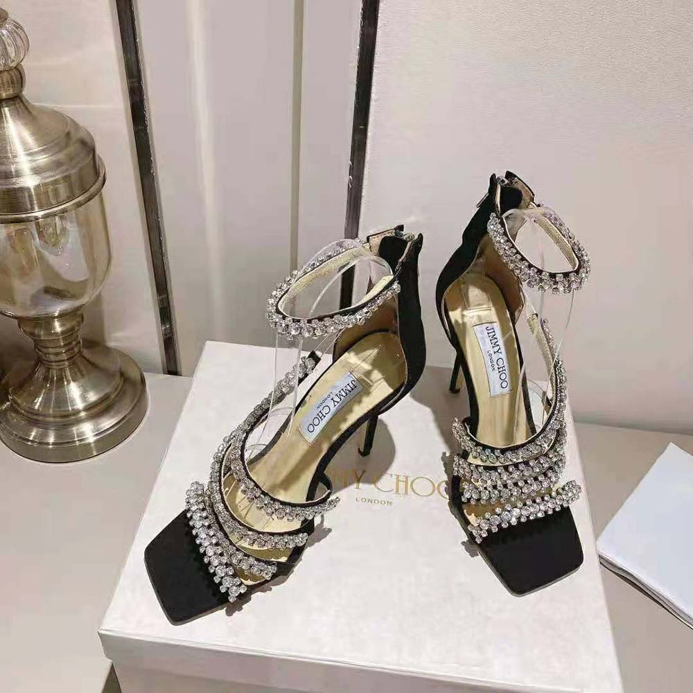 Side profile view of Jimmy Choo Women Josefine 100 Black Suede Sandals showing heel height