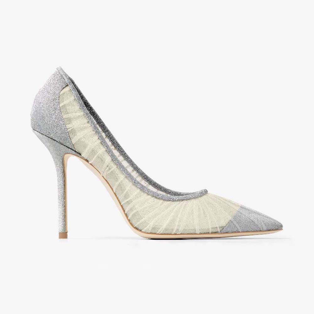 Side profile of Jimmy Choo Women Love 100 Metallic Silver Glitter Fabric Pumps