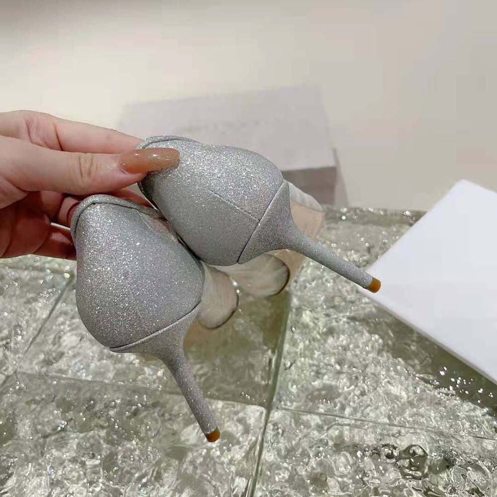 Jimmy Choo Women Love 100 Metallic Silver Glitter Fabric Pumps with Ivory Tulle Overlay - image 9