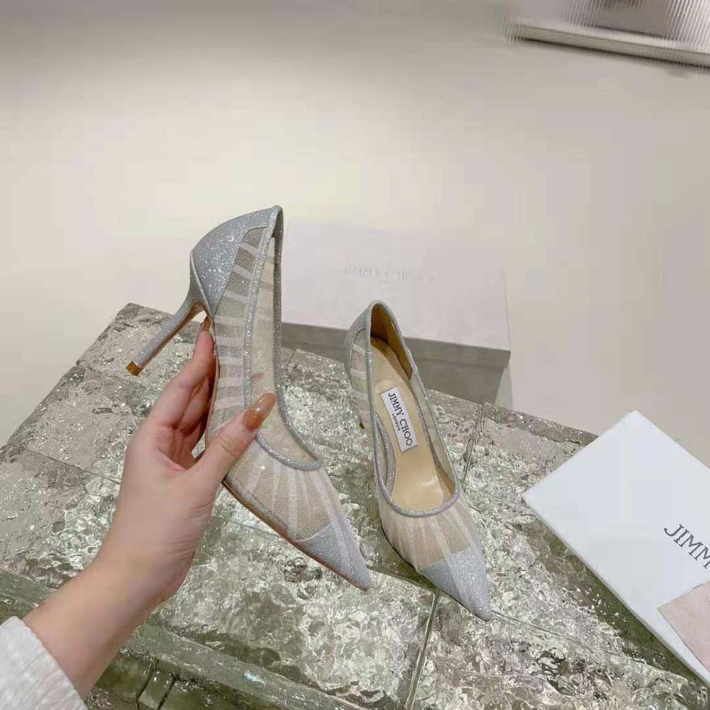 Rear view showing heel and signature plaque on Jimmy Choo Love 100 pumps
