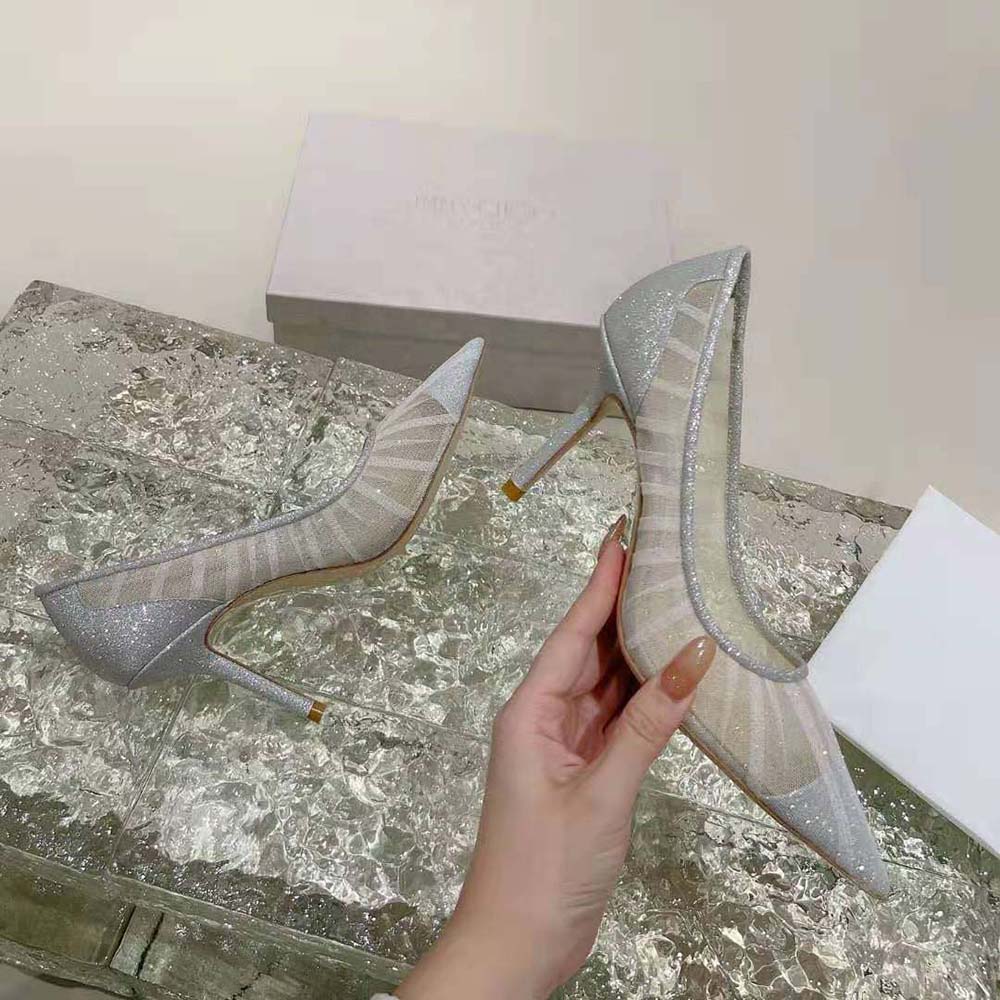 Jimmy Choo Women Love 100 Metallic Silver Glitter Fabric Pumps with Ivory Tulle Overlay - image 5