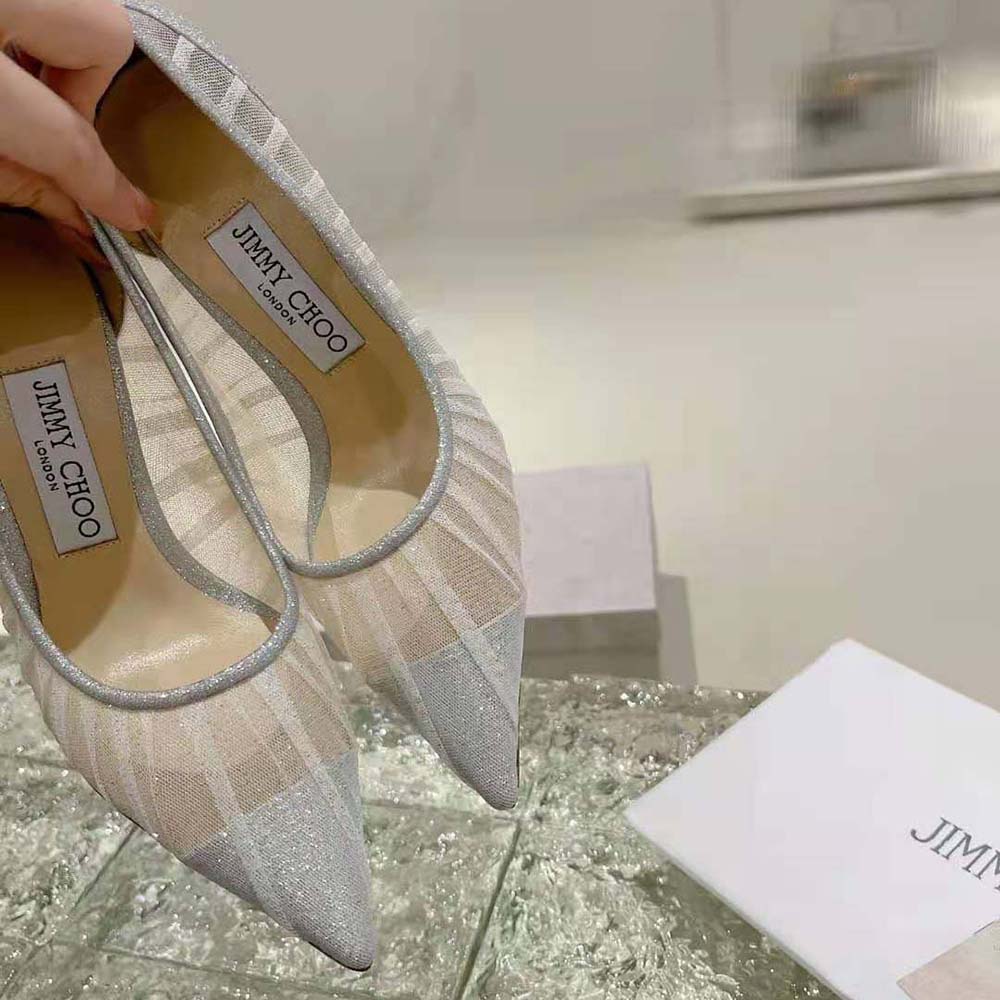 Jimmy Choo Women Love 100 Metallic Silver Glitter Fabric Pumps with Ivory Tulle Overlay - image 7