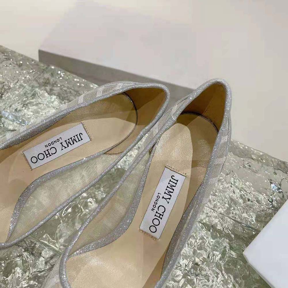 Jimmy Choo Women Love 100 Metallic Silver Glitter Fabric Pumps with Ivory Tulle Overlay - image 8