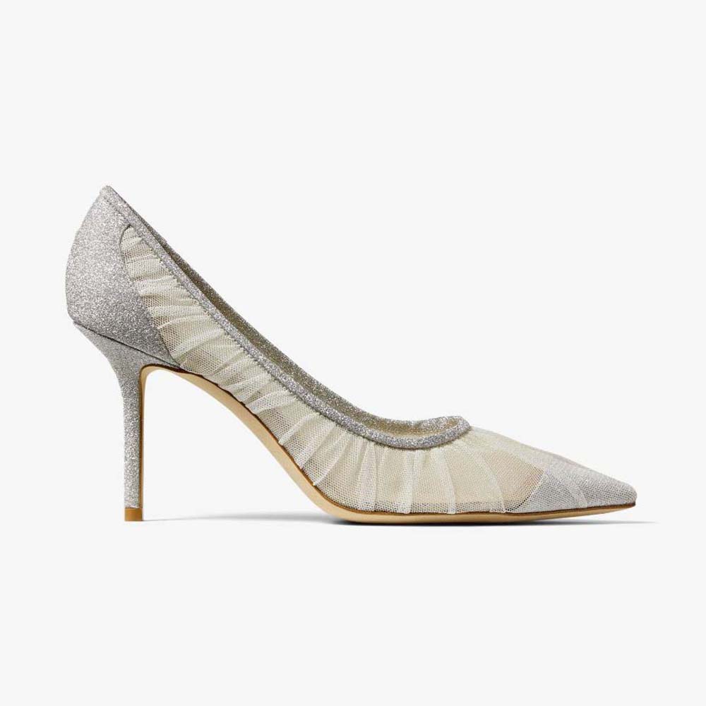 Side view of Jimmy Choo Women Love 85 Metallic Silver Glitter Fabric Pumps with Ivory Tulle Overlay