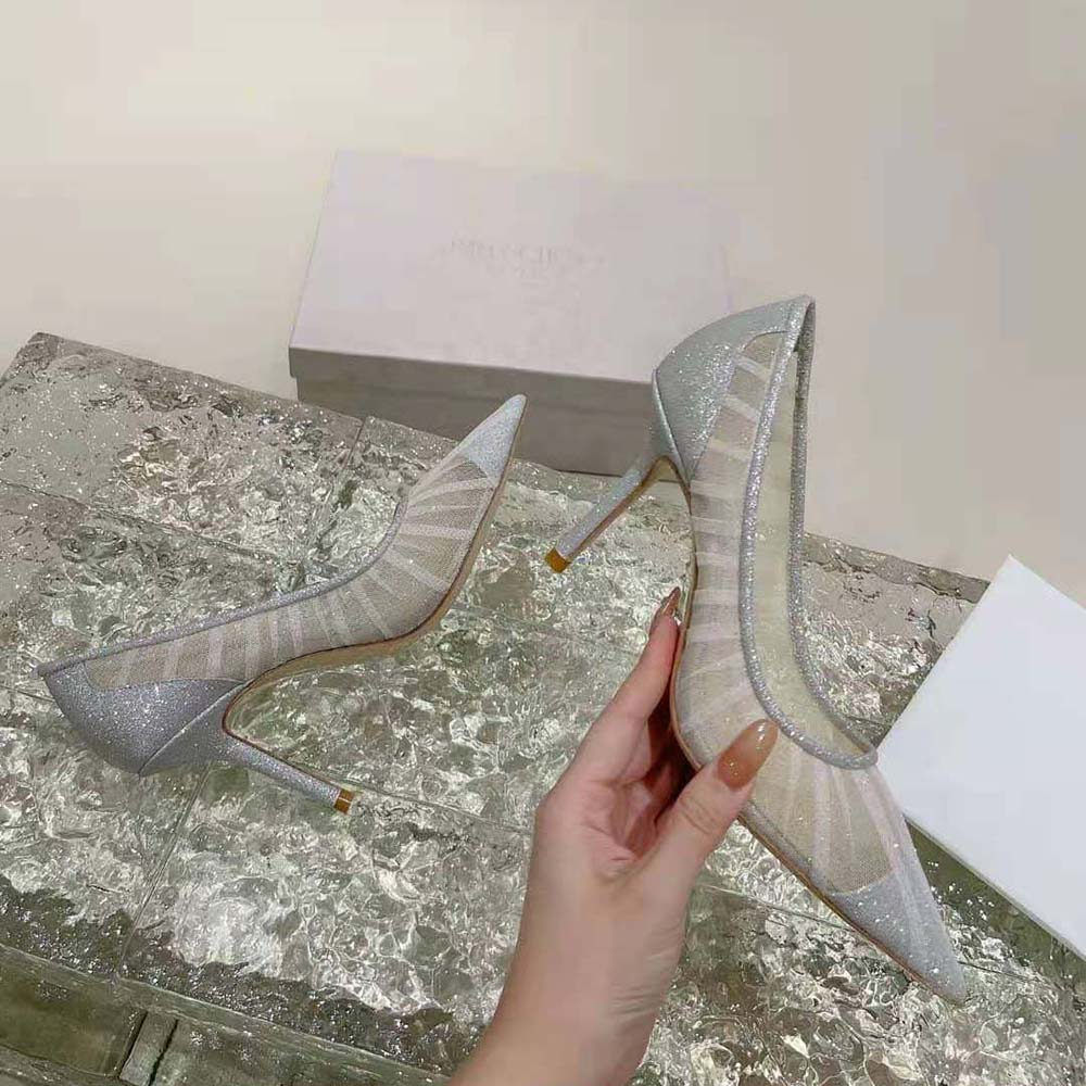 Jimmy Choo Women Love 85 Metallic Silver Glitter Fabric Pumps with Ivory Tulle Overlay - image 5