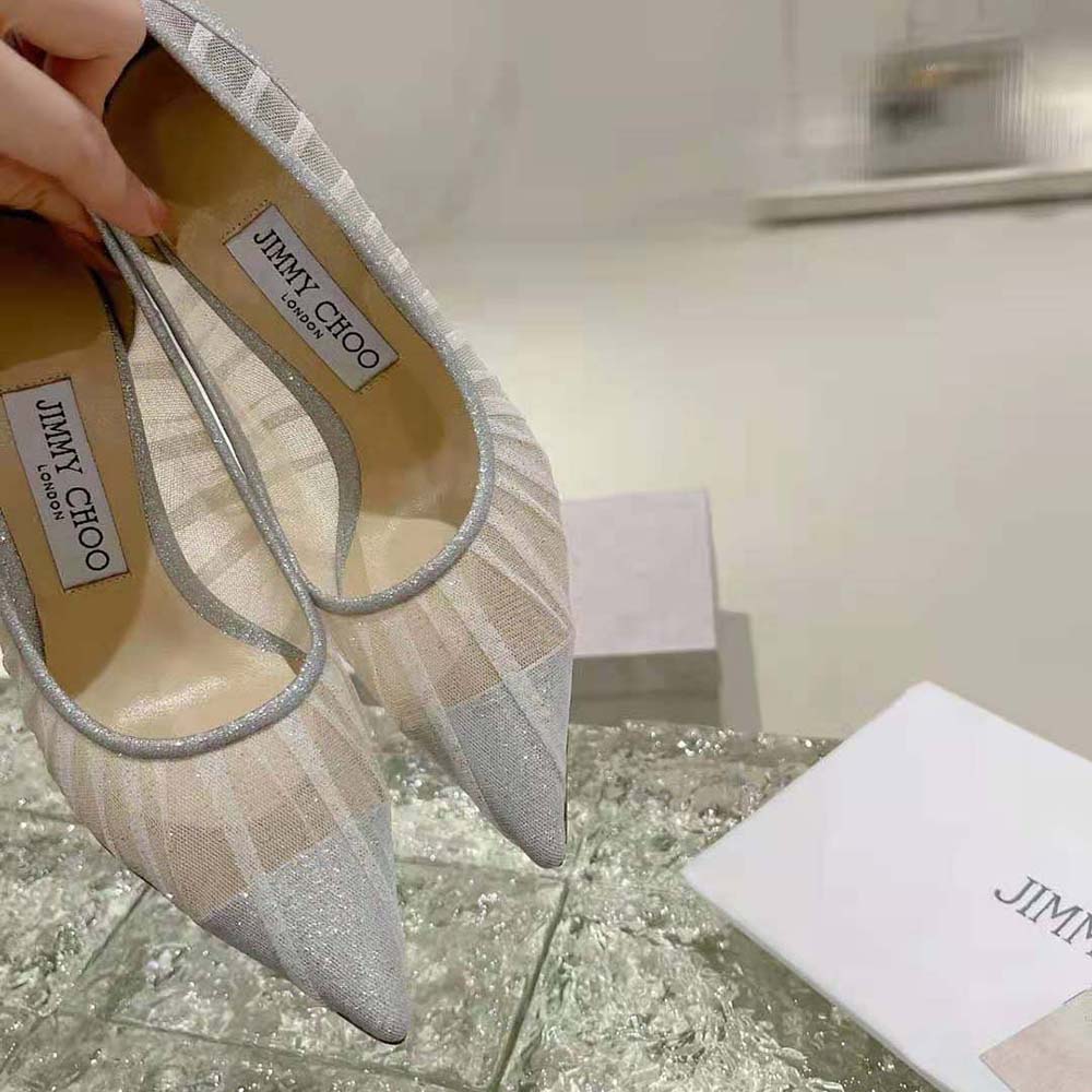 Jimmy Choo Women Love 85 Metallic Silver Glitter Fabric Pumps with Ivory Tulle Overlay - image 7