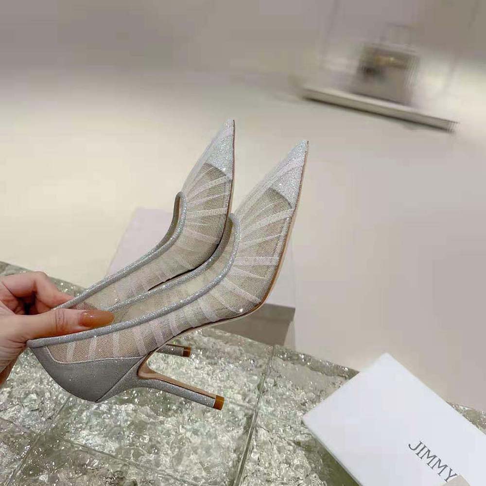 Jimmy Choo Women Love 85 Metallic Silver Glitter Fabric Pumps with Ivory Tulle Overlay - image 6