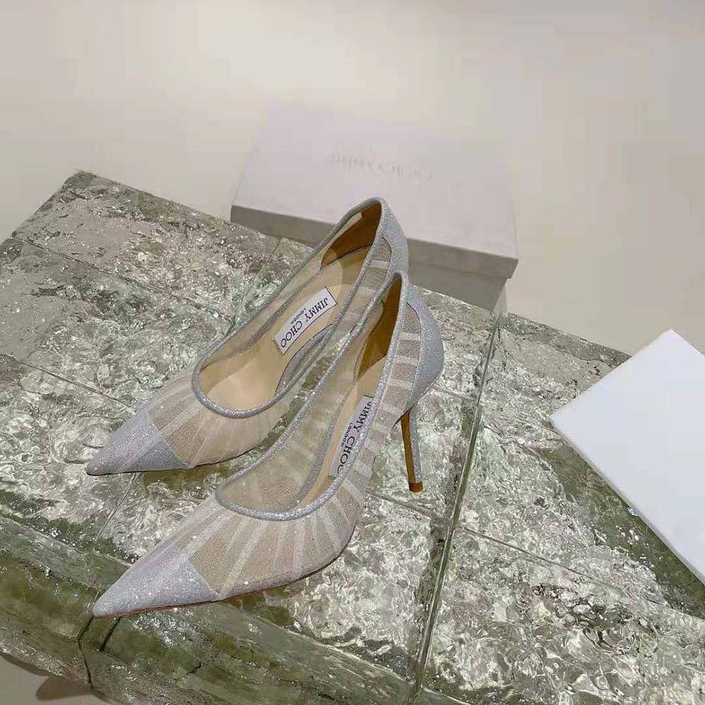 Jimmy Choo Women Love 85 Metallic Silver Glitter Fabric Pumps with Ivory Tulle Overlay - image 4