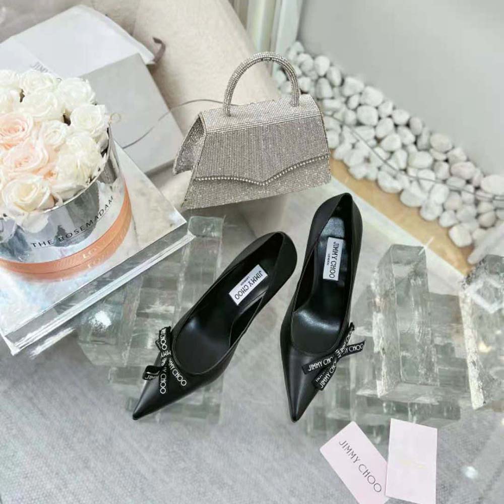 Close-up detail of bow on Jimmy Choo Women Romy 85 Black Leather Pumps