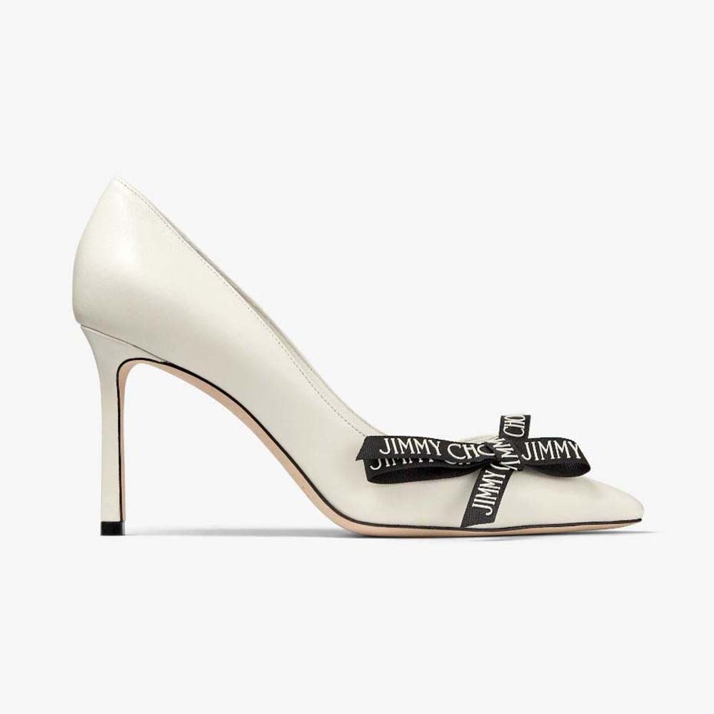 Side profile of Jimmy Choo Women Romy 85 Latte Nappa Leather Pumps with bow