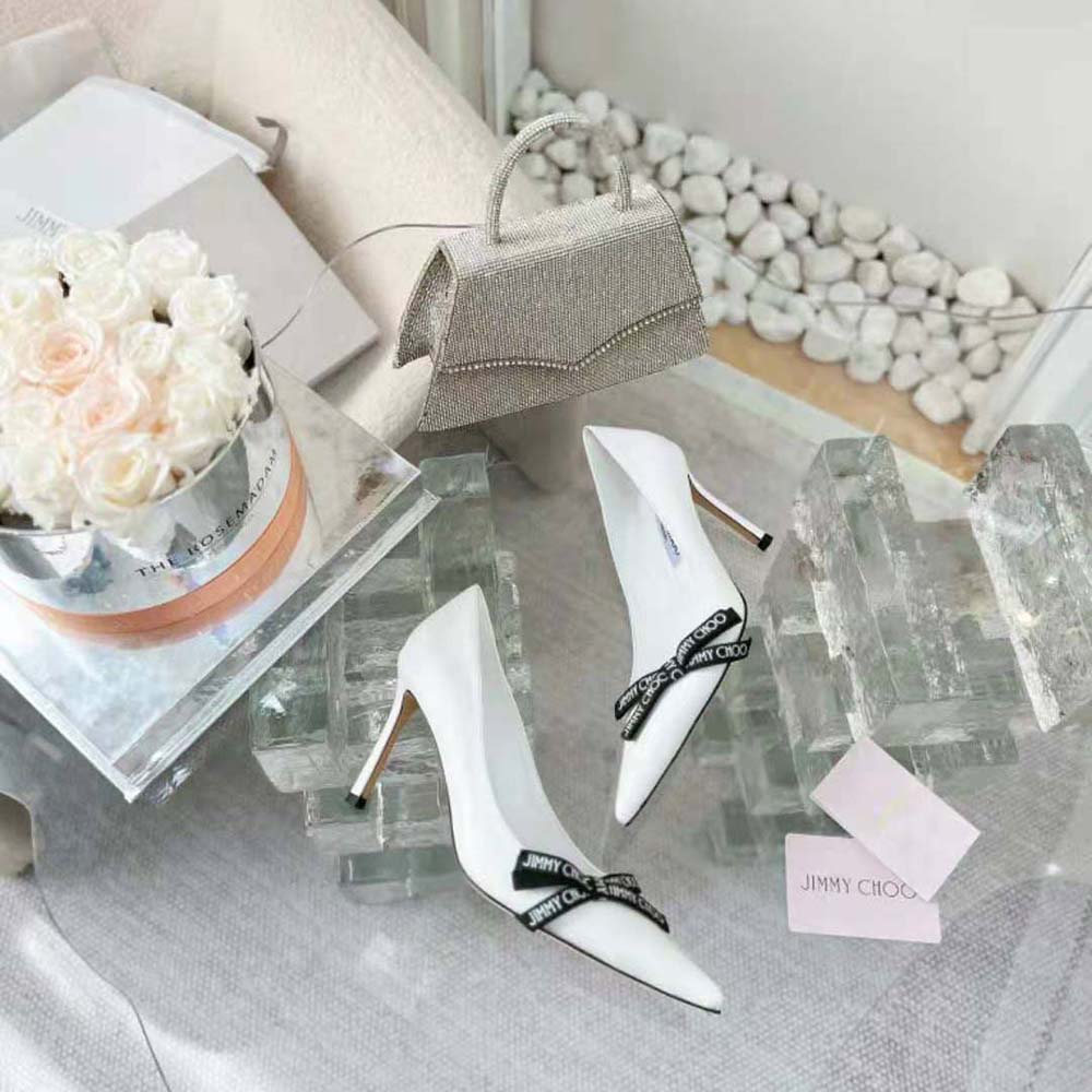 Rear view showing 85mm heel height of Jimmy Choo Romy 85 Latte Pumps