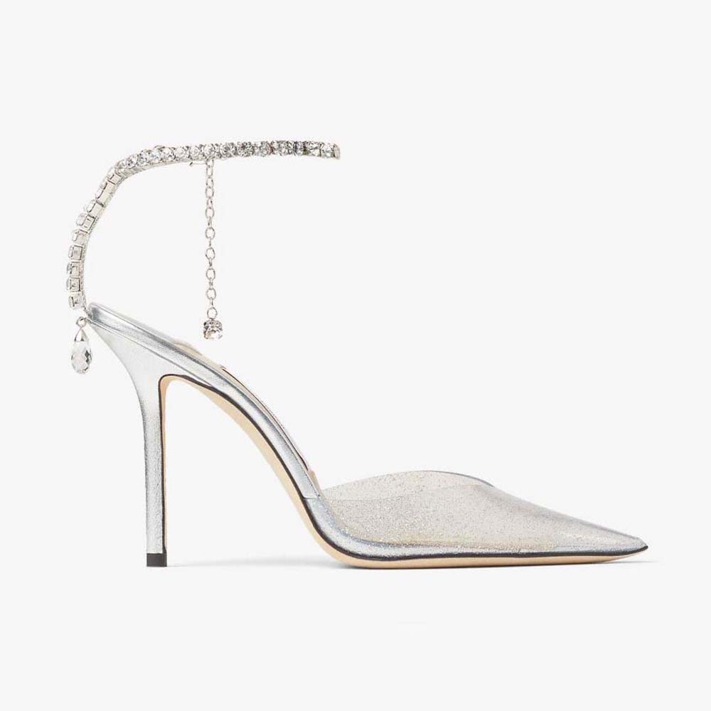 Front angle of Jimmy Choo Women Saeda 100 Silver Glitter Plexi Pumps with crystals