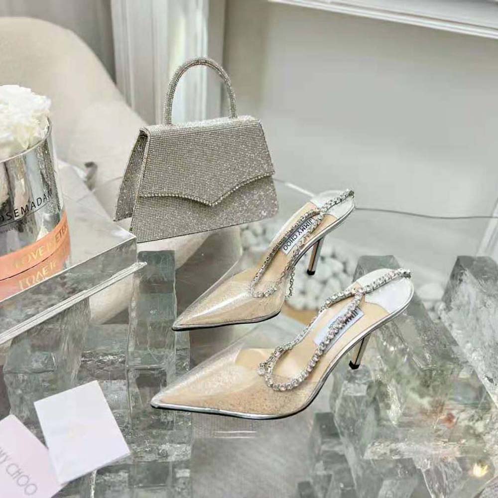 Jimmy Choo Women Saeda 100 Silver Glitter Plexi Pumps with Crystal Embellishment - image 4