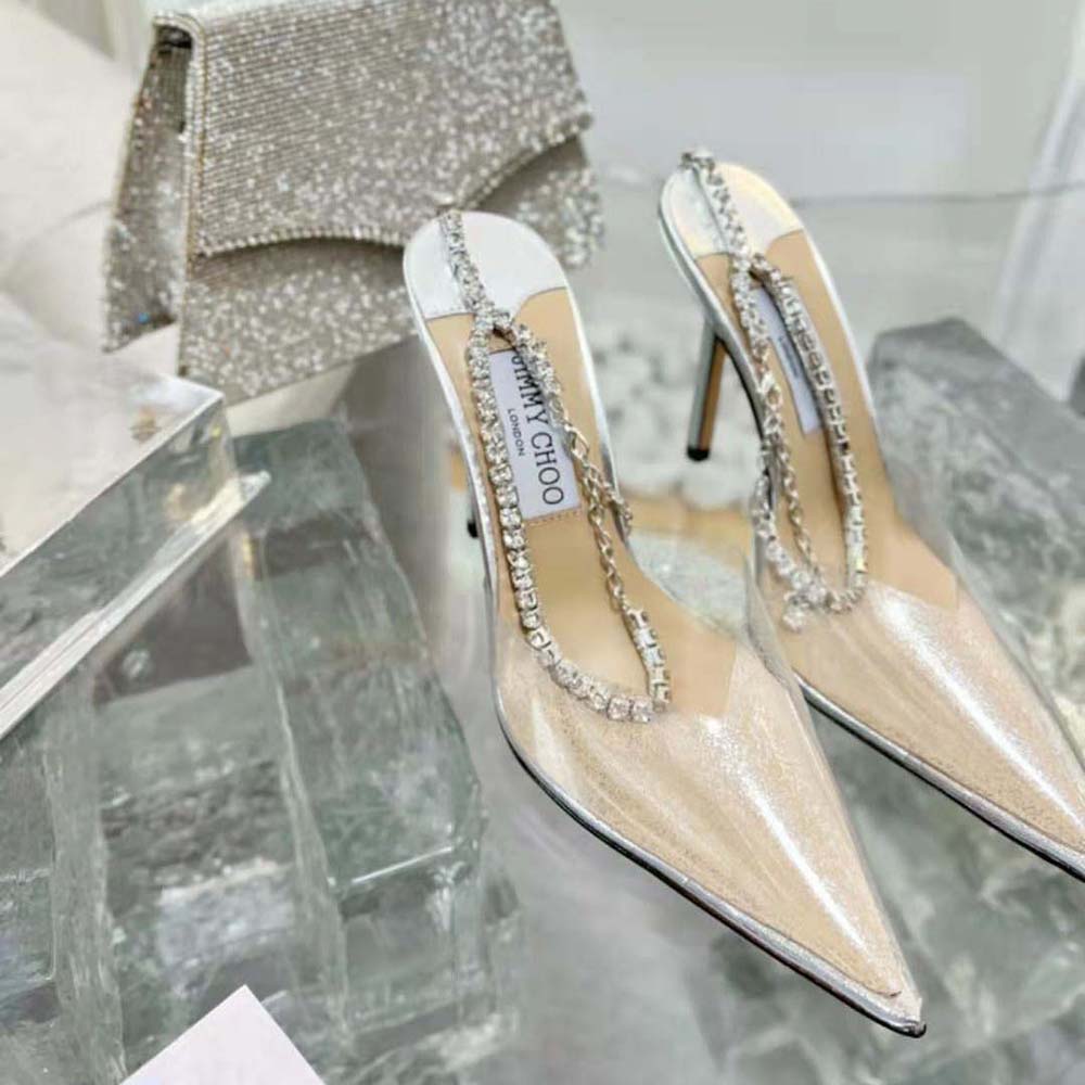 Jimmy Choo Women Saeda 100 Silver Glitter Plexi Pumps with Crystal Embellishment - image 6