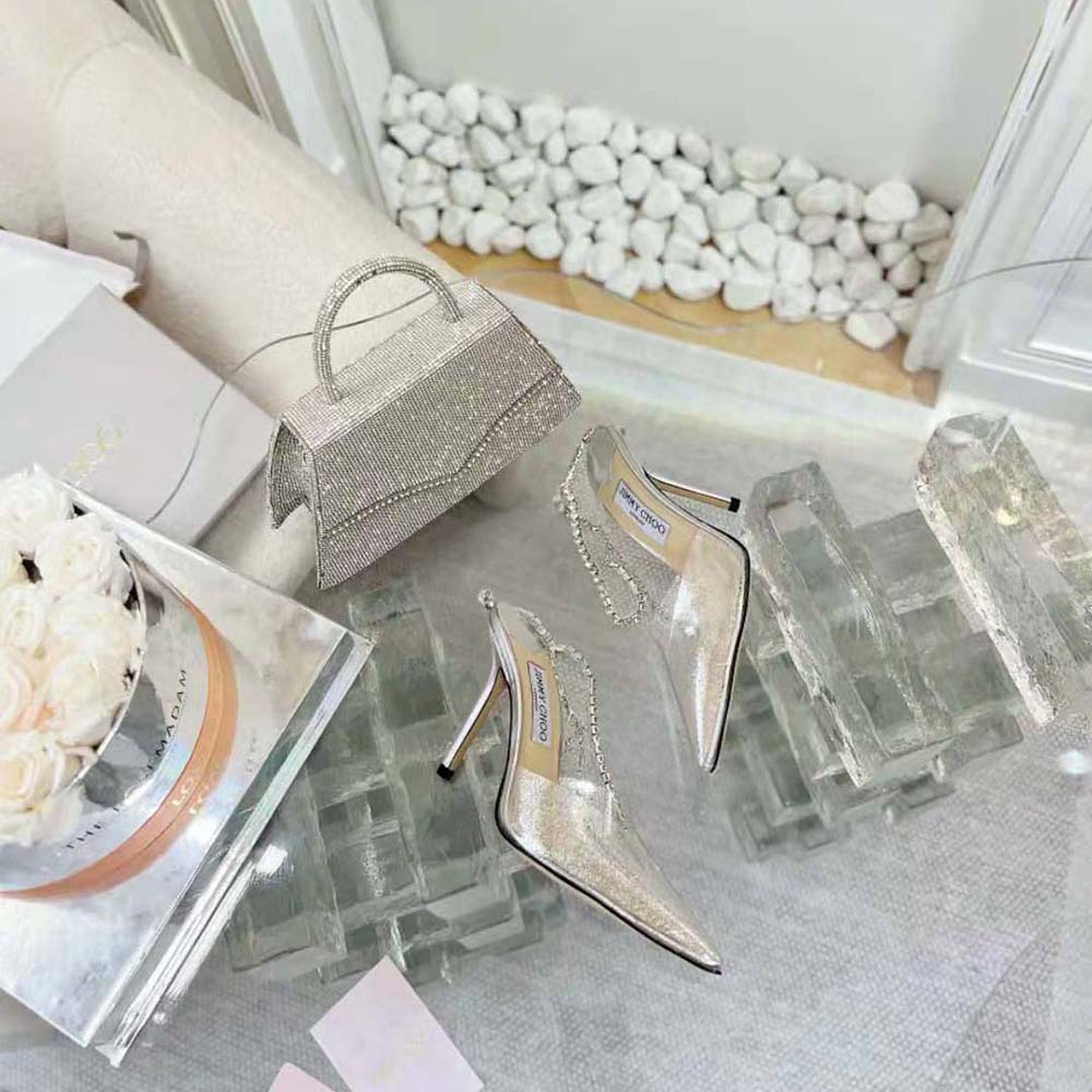 Jimmy Choo Women Saeda 100 Silver Glitter Plexi Pumps with Crystal Embellishment - image 5