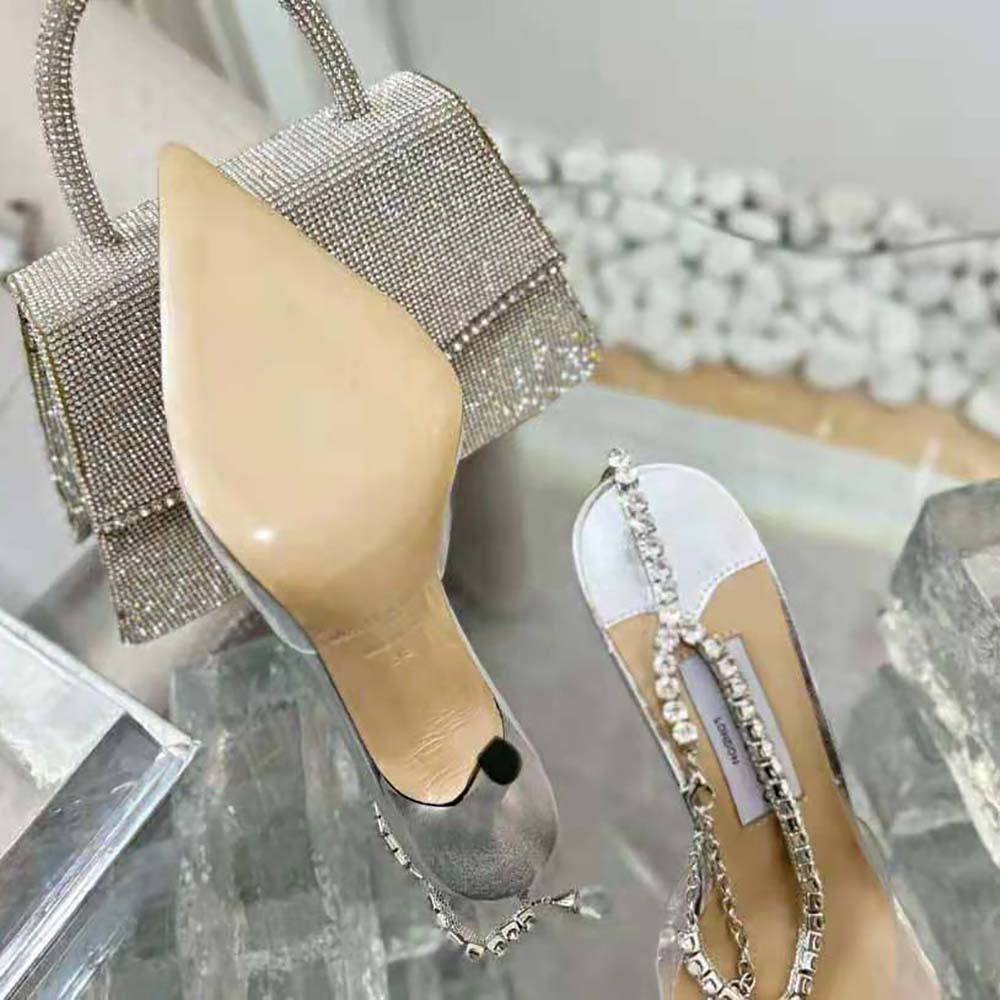 Jimmy Choo Women Saeda 100 Silver Glitter Plexi Pumps with Crystal Embellishment - image 7