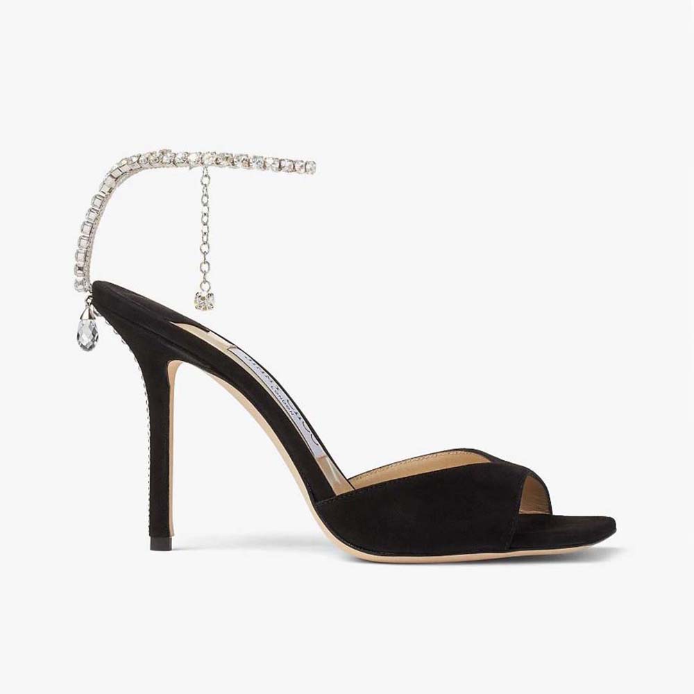 Side view of Jimmy Choo Women Saeda Sandal 100 Black Suede Sandals with crystals