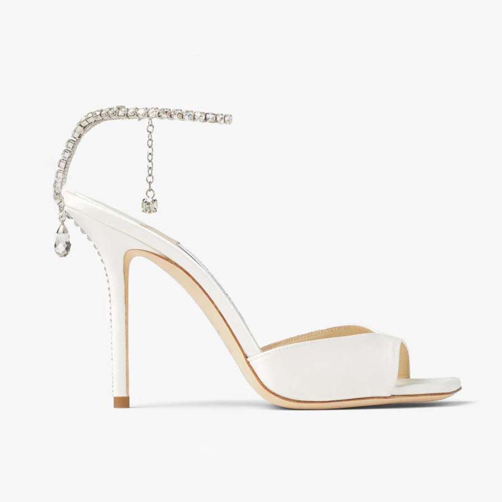 Side profile of Jimmy Choo Women Saeda Sandal 100 Ivory Satin Sandals