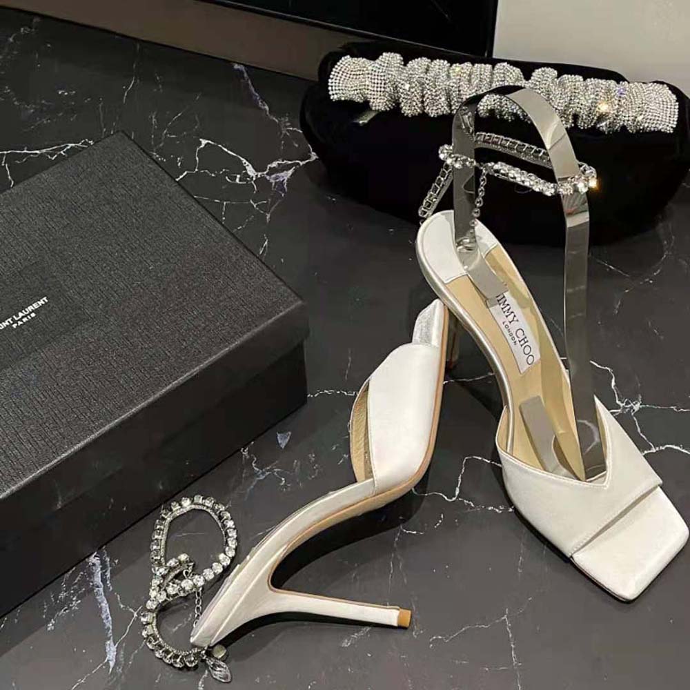 Jimmy Choo Women Saeda Sandal 100 Ivory Satin Sandals with Crystal Embellishment - image 4